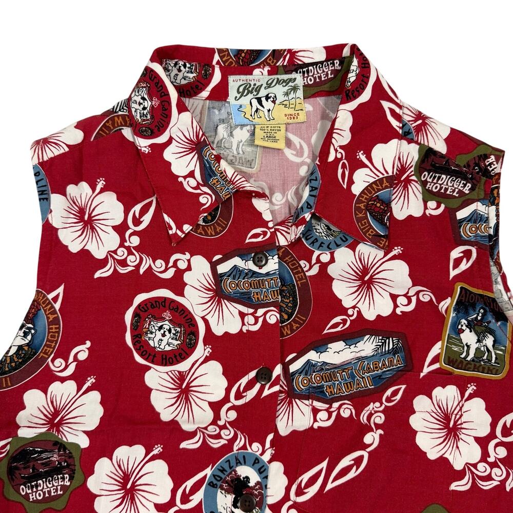 Big Dog Hawaiian Shirt Womens Large Red Sleeveless Button Front Aloha USA Made